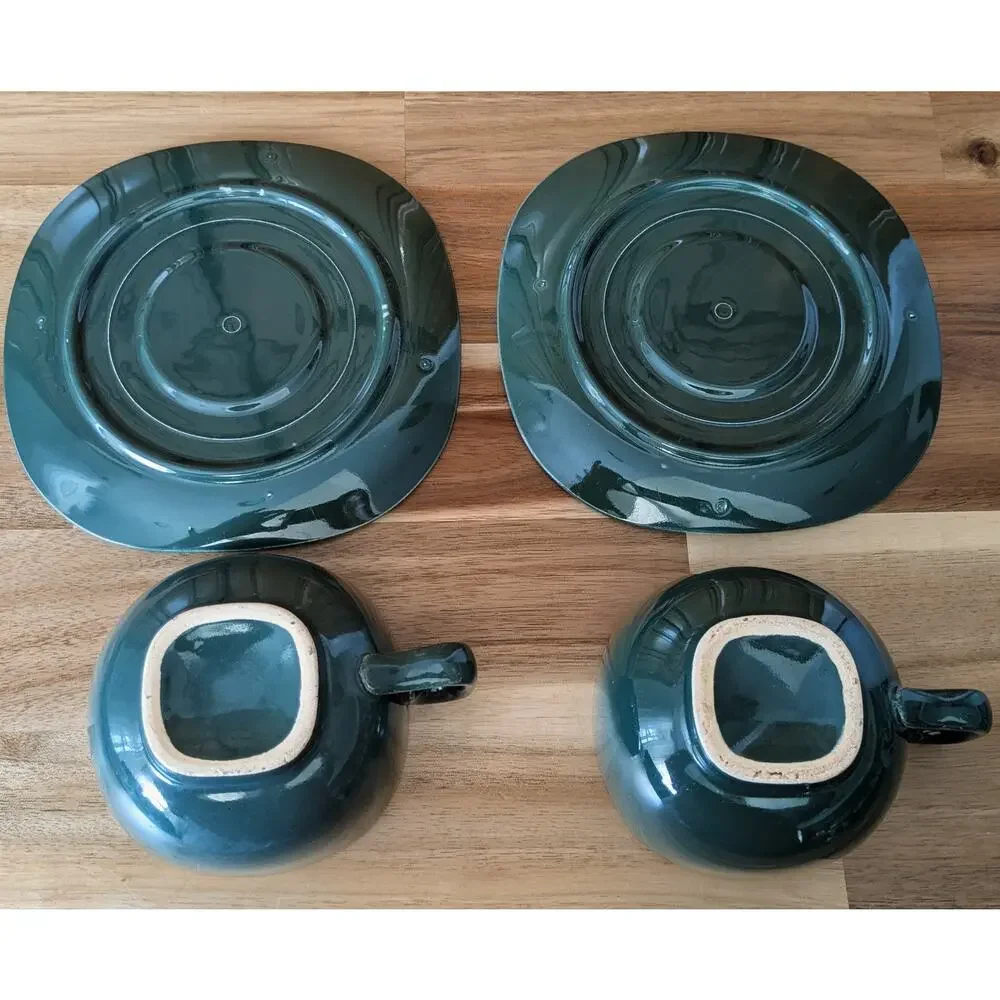 Vintage Deep Forest Green Ceramic Soup Mugs & Saucers
